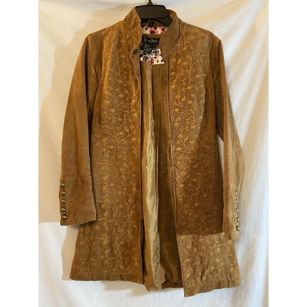 Camel Brown Leather & Embroidered Floral Women's Jacket Coat Sz Small Western